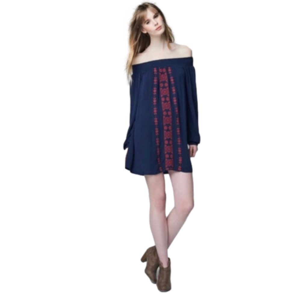 AEROPOSTALE Dress Cape Juby Mini Embroidered Off Shoulder Blue Red Women Size S